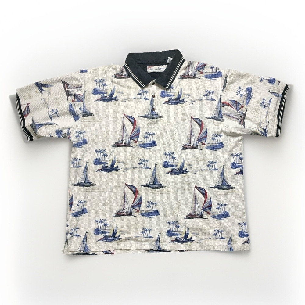 AMERICAN SUMMER Sz XXL Men`s Beige Polo Sailboats Fishing Short Sleeve Shirt
